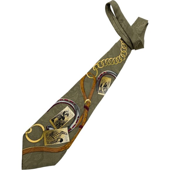 Gant Silk Tie Olive Green Equestrian Horse Racing Buckle Print - Picture 2 of 8